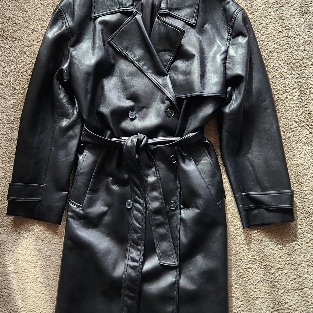 Babaton Black Faux-Leather Belted Trench Coat Size L